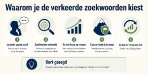 Grafiek over waarom je verkeerde zoekwoorden kiest: zoekvolume, intentie, breedte en concurrentie.