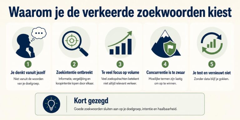 Grafiek over waarom je verkeerde zoekwoorden kiest: zoekvolume, intentie, breedte en concurrentie.